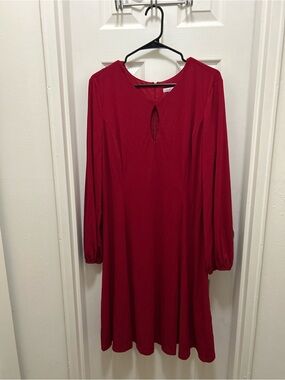 London Times Red Long-Sleeve Keyhole Swing Dress